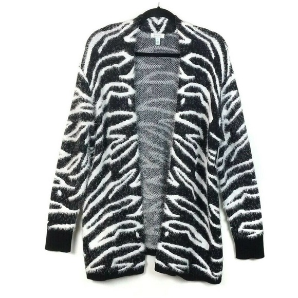 Susina Zebra Print Eyelash Open Front Cardigan Sweater - Picture 5 of 9